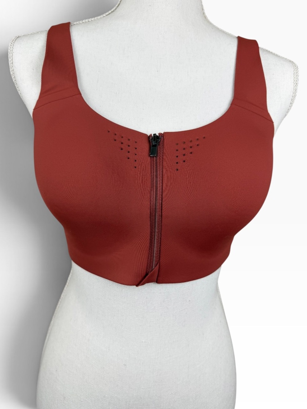 NWT VSX Front-Zip Sports Bra in Rust Red with pink detailing on back.